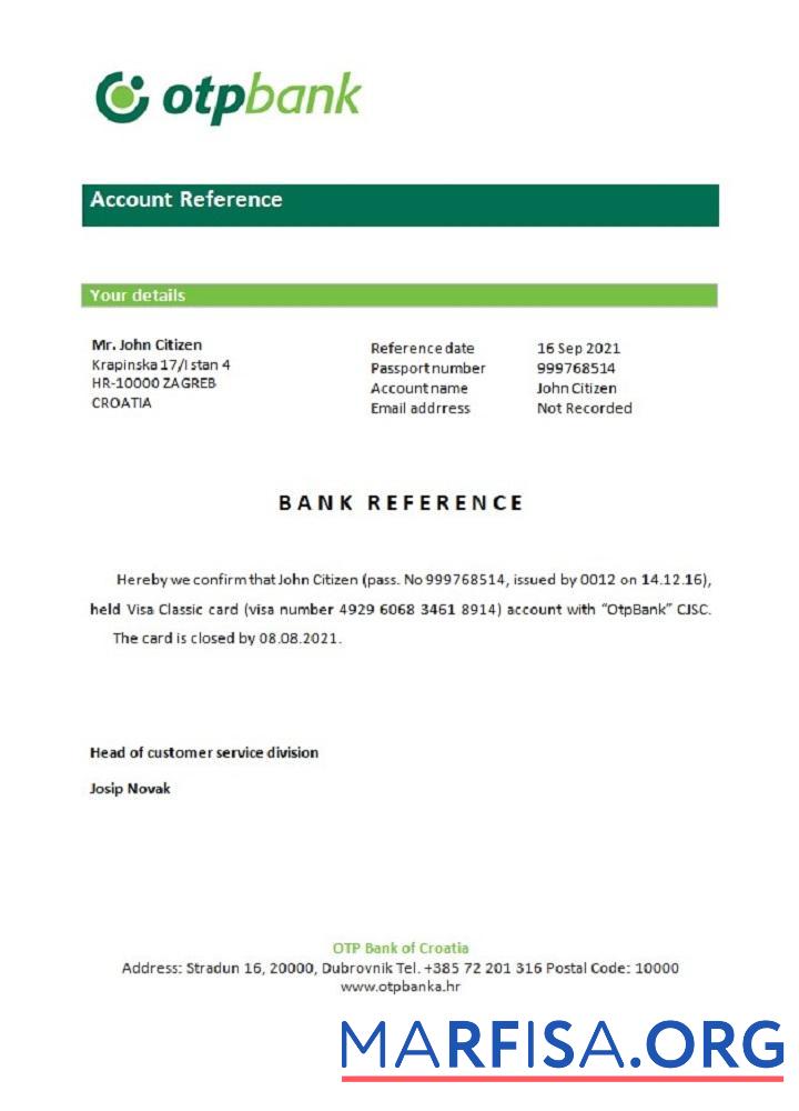 Printable Croatia Otpbank closure reference download for verification